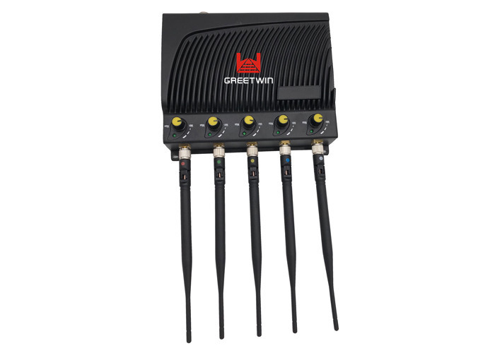黑色五频段阻断器手机信号屏蔽器，带可调射频信号