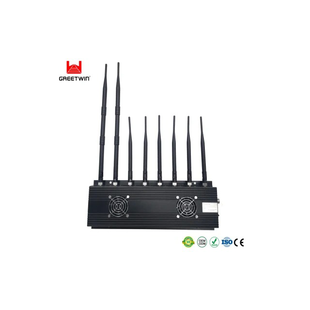多频段 8 天线 40 米两个冷却风扇 2g 3G 4G 5g GPS WiFi 蓝牙手机干扰器 173MHz Lojack 信号干扰器