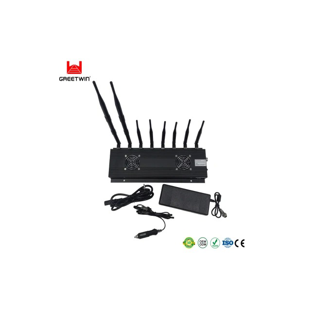 多频段 8 天线 40 米两个冷却风扇 2g 3G 4G 5g GPS WiFi 蓝牙手机干扰器 173MHz Lojack 信号干扰器